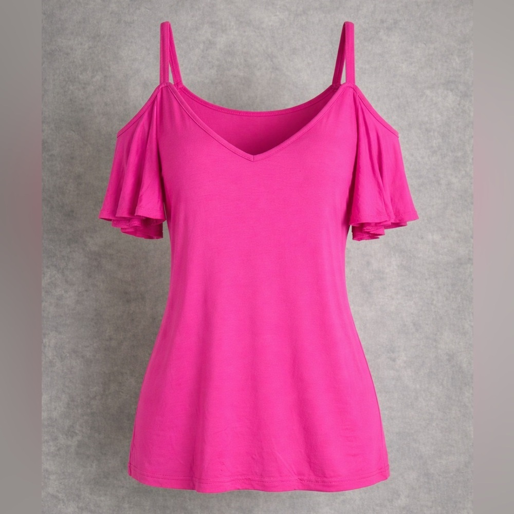 Her Lolly Chips Fuchsia Cold Shoulder Ruffle Sleeve Top Size L